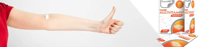 hand view of a person with a thumbs up and a PatchMD sample product