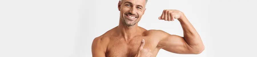 man without a shirt showing his arm muscles