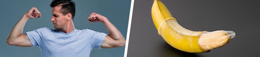 man showing off his biceps and a banana wrapped in condom