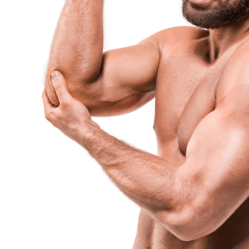 shirtless man stretching his arms