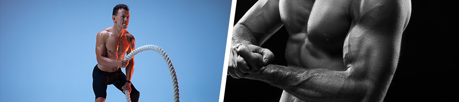 man working out shirtless and another man flexing his biceps