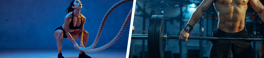 woman in an intense workout and a man lifting a barbell