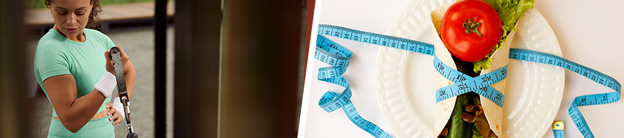 woman using a gym machine, and a wrap of healthy food and measuring tape in a plate