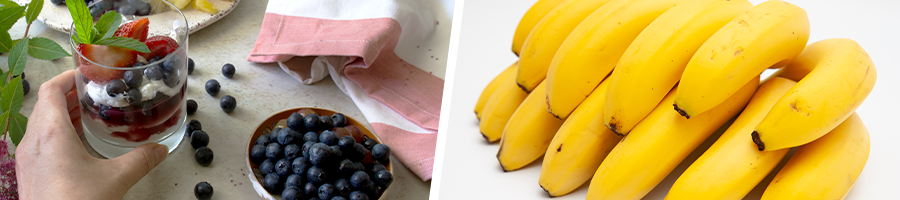 fruit salad with greek yogurt in a glass. and a fresh stack of bananas