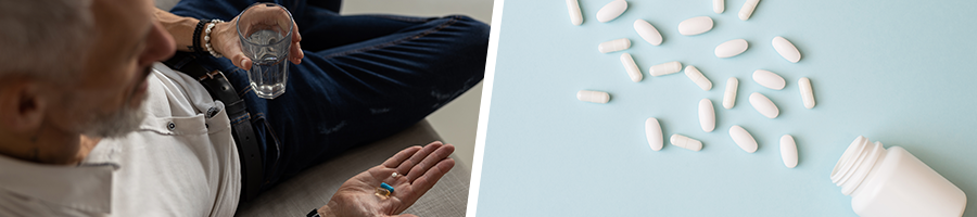 man holding supplements and a glass of water, and a spilled container of pills