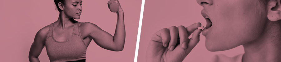 woman flexing her arms and another taking a pill
