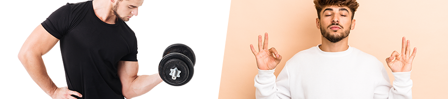 man holding a dumbbell and another in a lotus pose