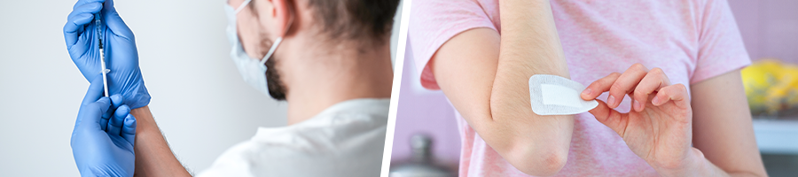 man with syringe and a woman patching her elbows