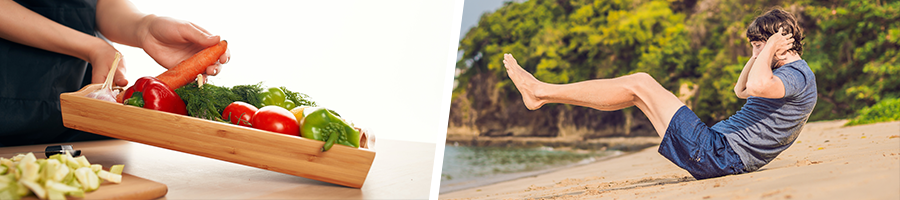 stack of fruits and vegetables and a man doing exercise outdoors