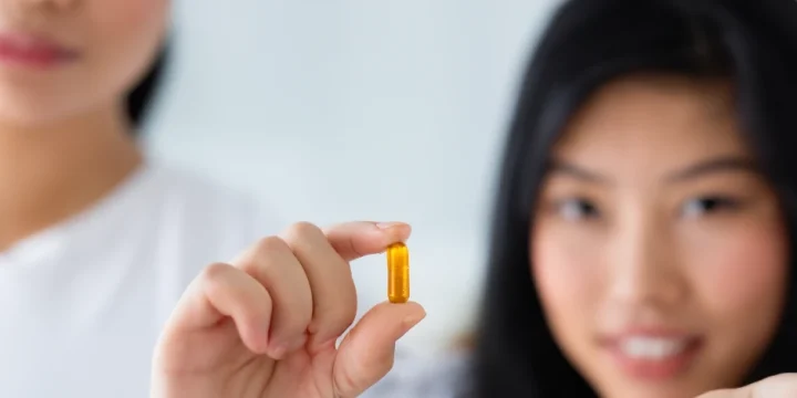 A woman holding a multivitamin pill on her finger