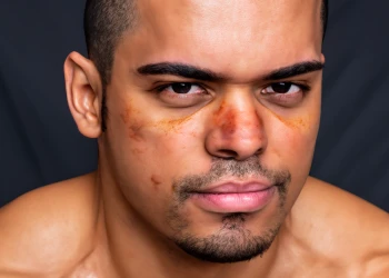 A closed up shot of a man with bruised face