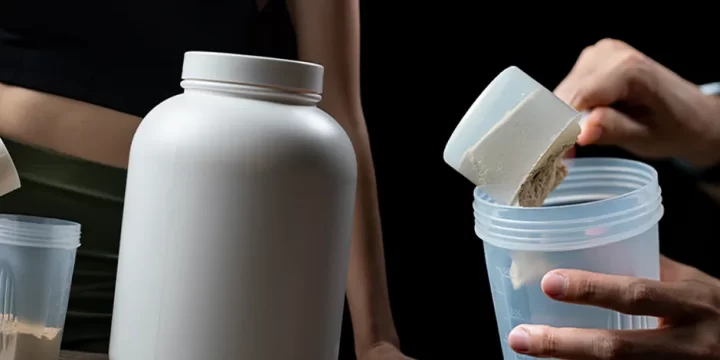 Pouring protein powder inside a tumbler bottle