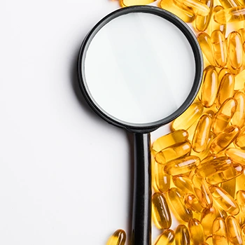 magnifying glass and pills