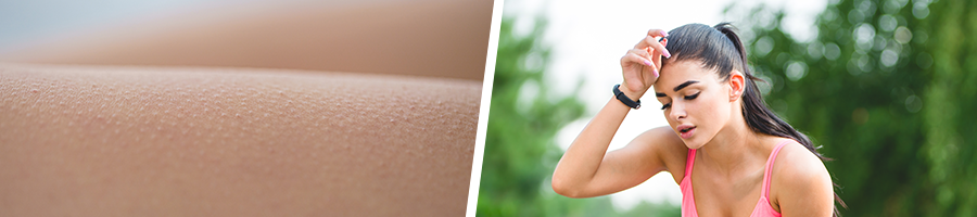 close up view of skin in goosebumps and a lady exhausted after running