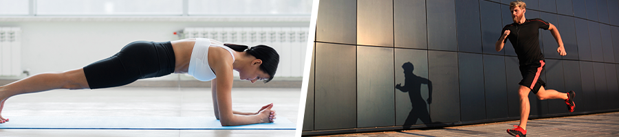 woman doing planks and a man jogging outdoors