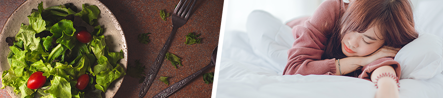 bowl of veggies and a woman napping in bed