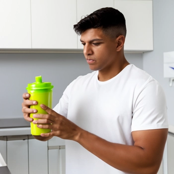 Man holding a shaker with protein shake on it