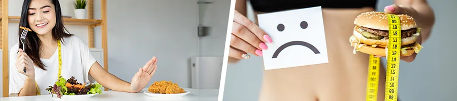 woman avoiding chicken and another measuring a burger with a tape measure