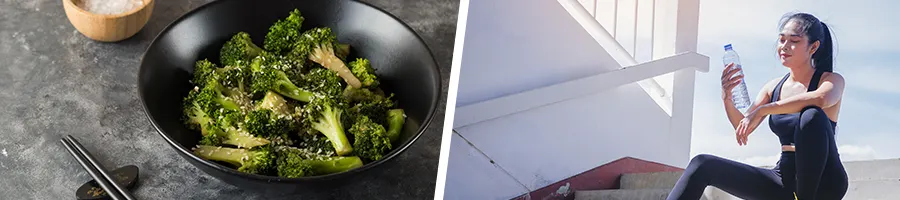 bowl of broccoli and a woman drinking water after jogging outdoors