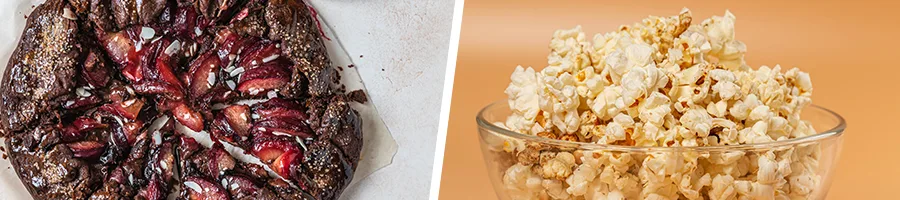 chocolate cake and popcorn in a bowl