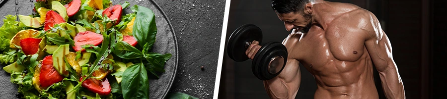 plate of salad and a man using dumbbells