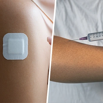 arm with skin patch and a person getting an injection
