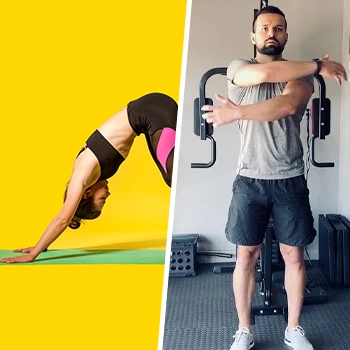 Two people doing shoulder stretches at home