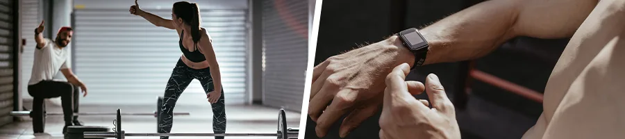 woman giving thumbs up while working out and a person checking his wrist watch