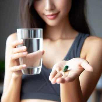 Woman holding a pill and a glass of water