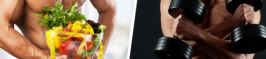 man holding a bowl of salad and another holding dumbbells