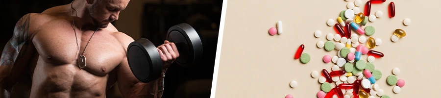 man using dumbbells and a stack of supplements