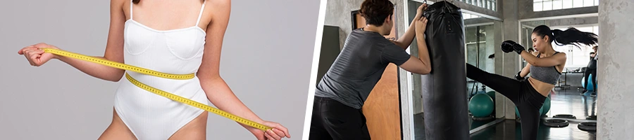 A woman measuring her waist and a woman working out in the gym