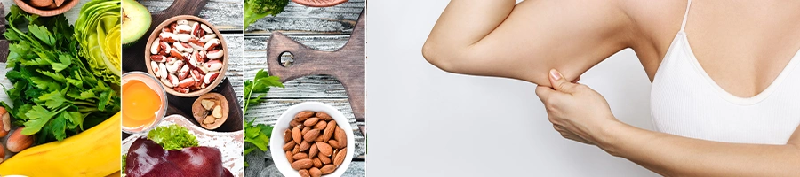 Top view of food collage, woman pinching her arm muscles