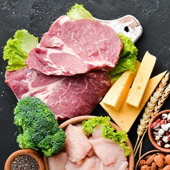 Top view of meats and dairy foods