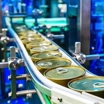 Processed food in cans inside a factory