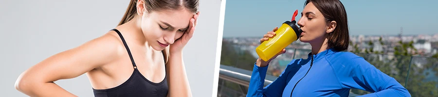 Woman having a headache, and another drinking water