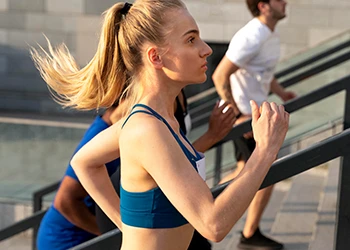 A woman running on stairs