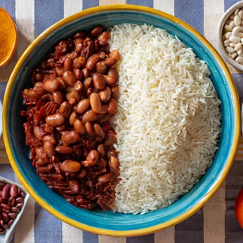 Beans and Rice combined on a single bowl