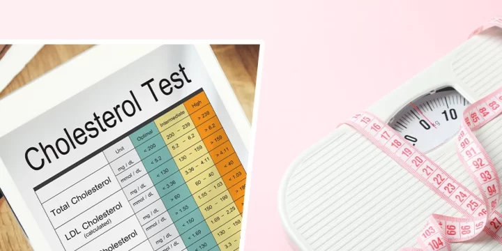 Cholesterol test result and weighing scale