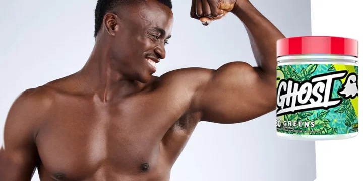 Man flexing his biceps with overlay of product