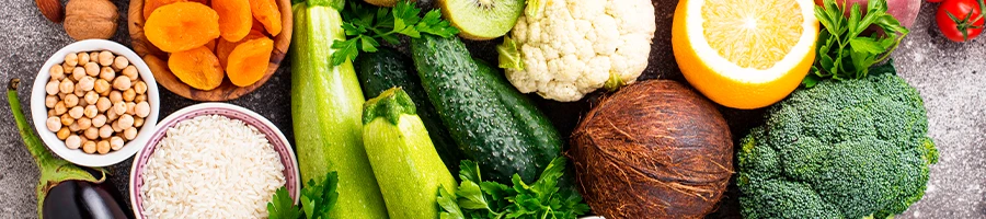 Top view of raw fruits and vegetable