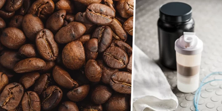 Close up image of coffee beans with tumbler and workout supplement