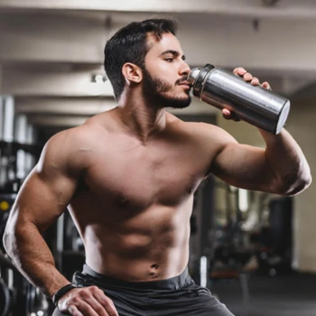 A shirtless man drinking a pre-workout