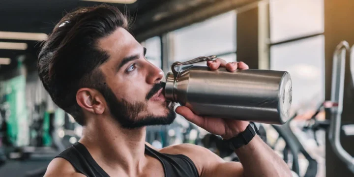 A guy chugging a pre-workout drink in the gym