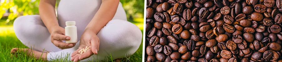 A pregnant woman holding pills with coffee beans