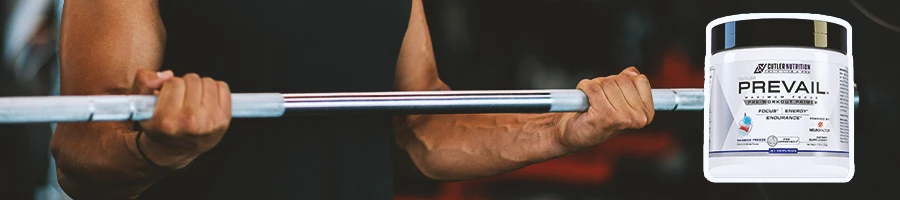 A person lifting weights with Prevail Pre-workout in the foreground