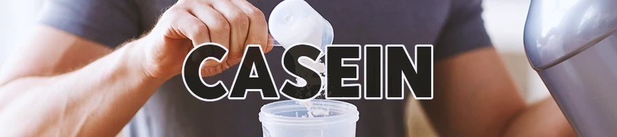 Casein in bold text with a person mixing powder into a bottle in the background