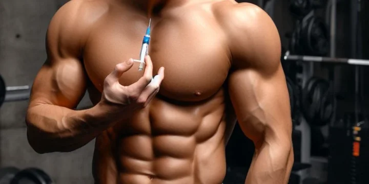 A buff person injecting steroids