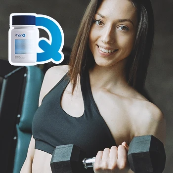 A woman in the gym lifting a dumbbell with PhenQ in the top left corner