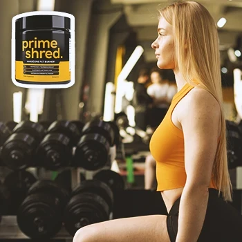 A woman working out in the gym with Prime Shred in the top left corner